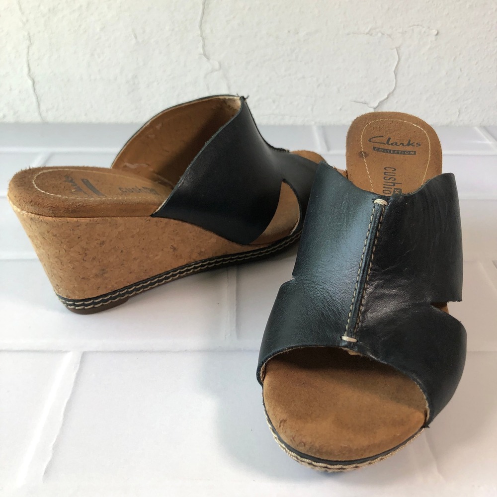 Clarks Collection Cushion Soft Black Leather Cork Wedge Sandals Mules Womens 6
